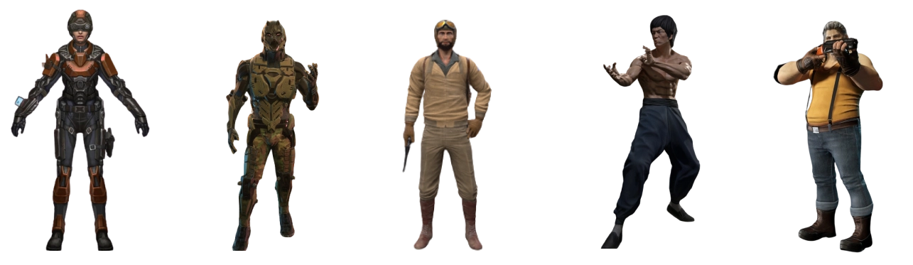Five 3D game characters, including armored fighters and a martial artist, by Polywick Studio